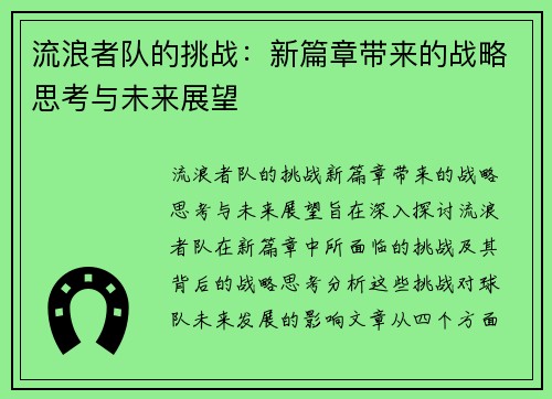 流浪者队的挑战：新篇章带来的战略思考与未来展望
