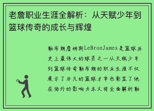 老詹职业生涯全解析：从天赋少年到篮球传奇的成长与辉煌
