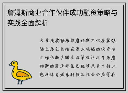 詹姆斯商业合作伙伴成功融资策略与实践全面解析