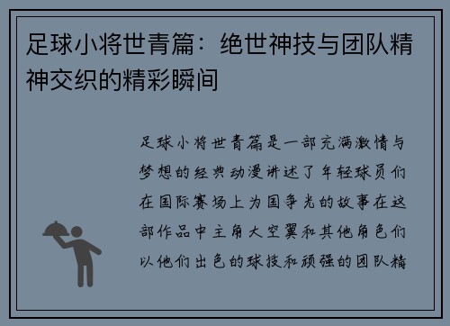 足球小将世青篇：绝世神技与团队精神交织的精彩瞬间